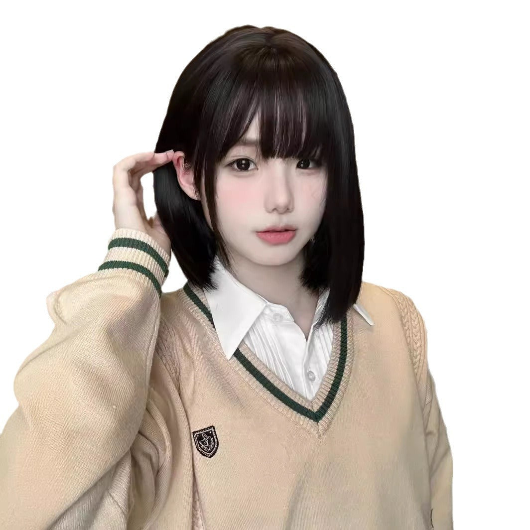 Female Black Brown Air Bangs Simulation Round Wig Short Straight Hair