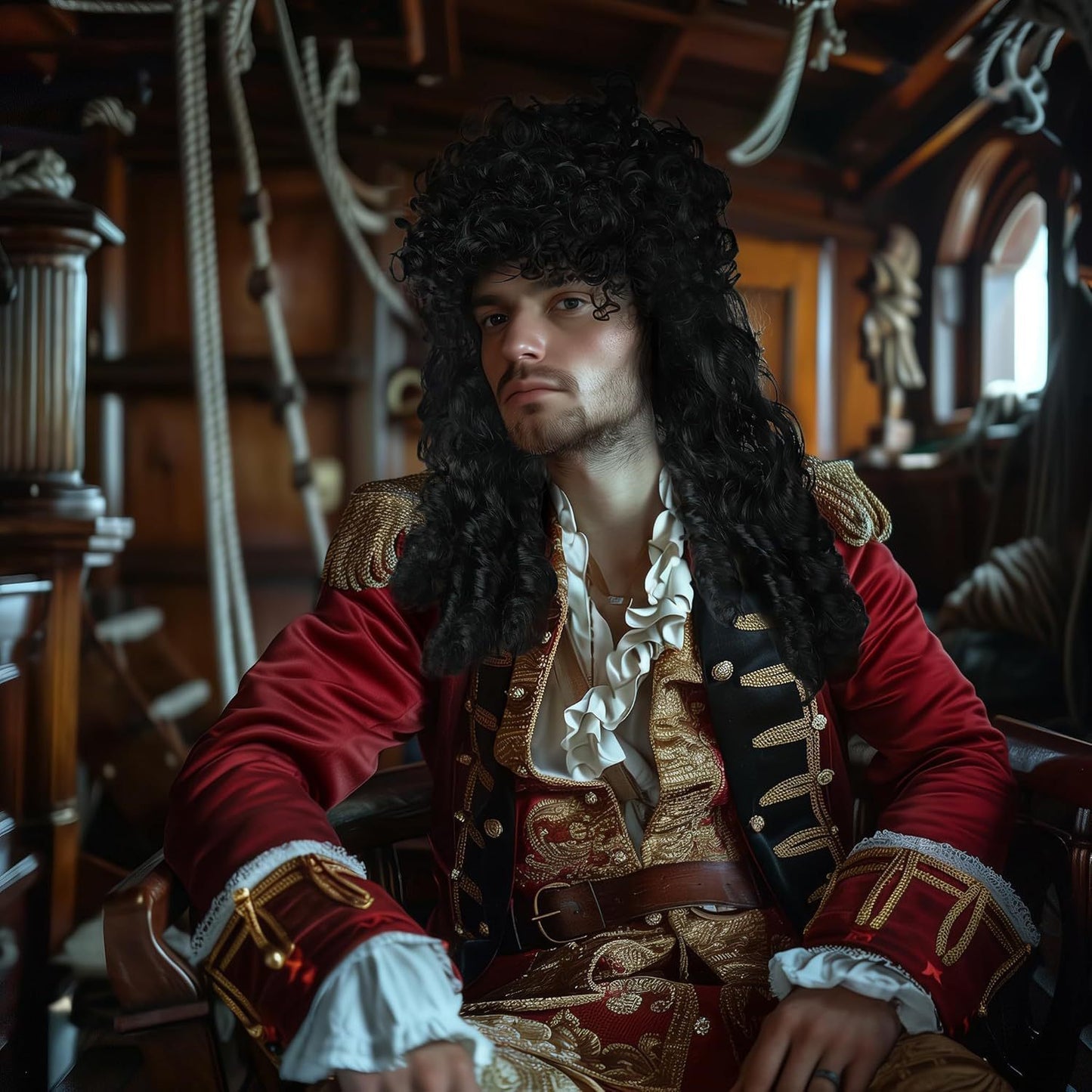 Men's Pirate Ship Captain Long Curly Black Halloween Cos Wig
