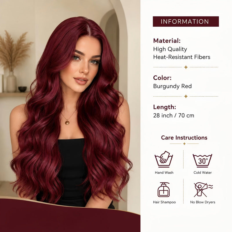 Wine Red Curly Medium Points Soft Light Big Wave Fiber Wig Long Curls