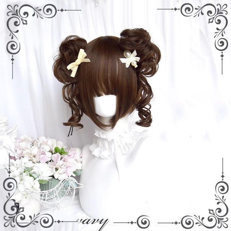 Lolita Grip Pairs Ponytail Roman Roll Feeling Golden Black Wig Short Curly Hair