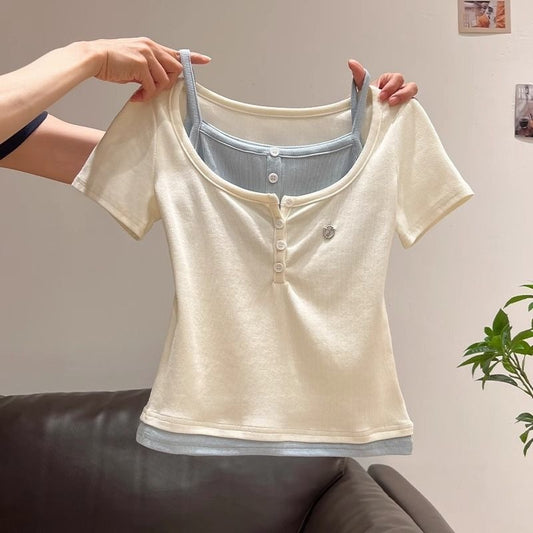 Women's & Children's Medium Large Version Contrast Colors Stitching Half-open Collar Short-sleeved Small Children's T-shirt
