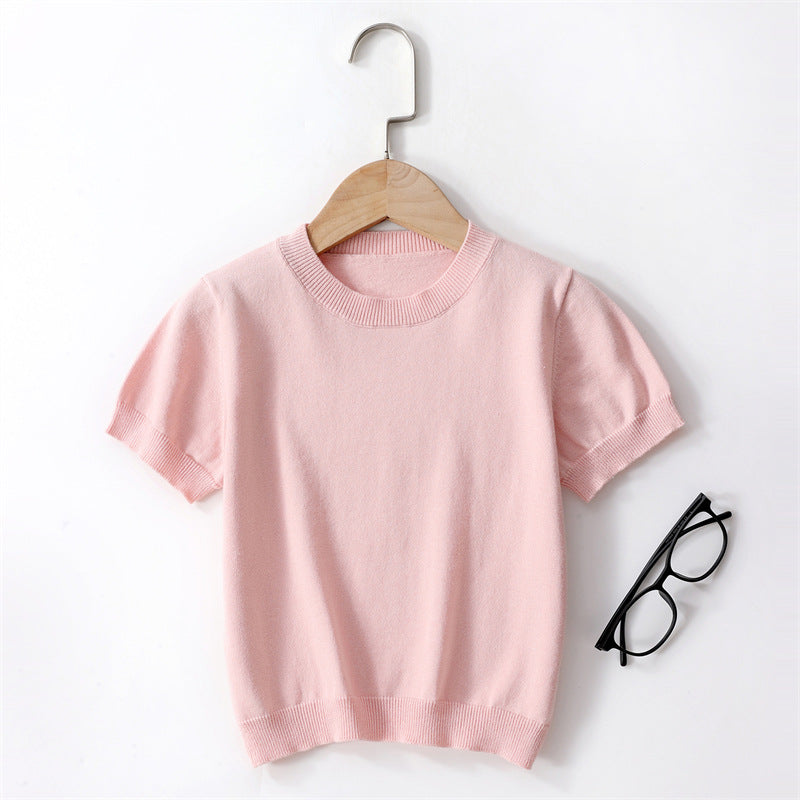 Children's Color Knitted Short-sleeved Combed Cotton Boys Lazy Casual Children's T-shirt