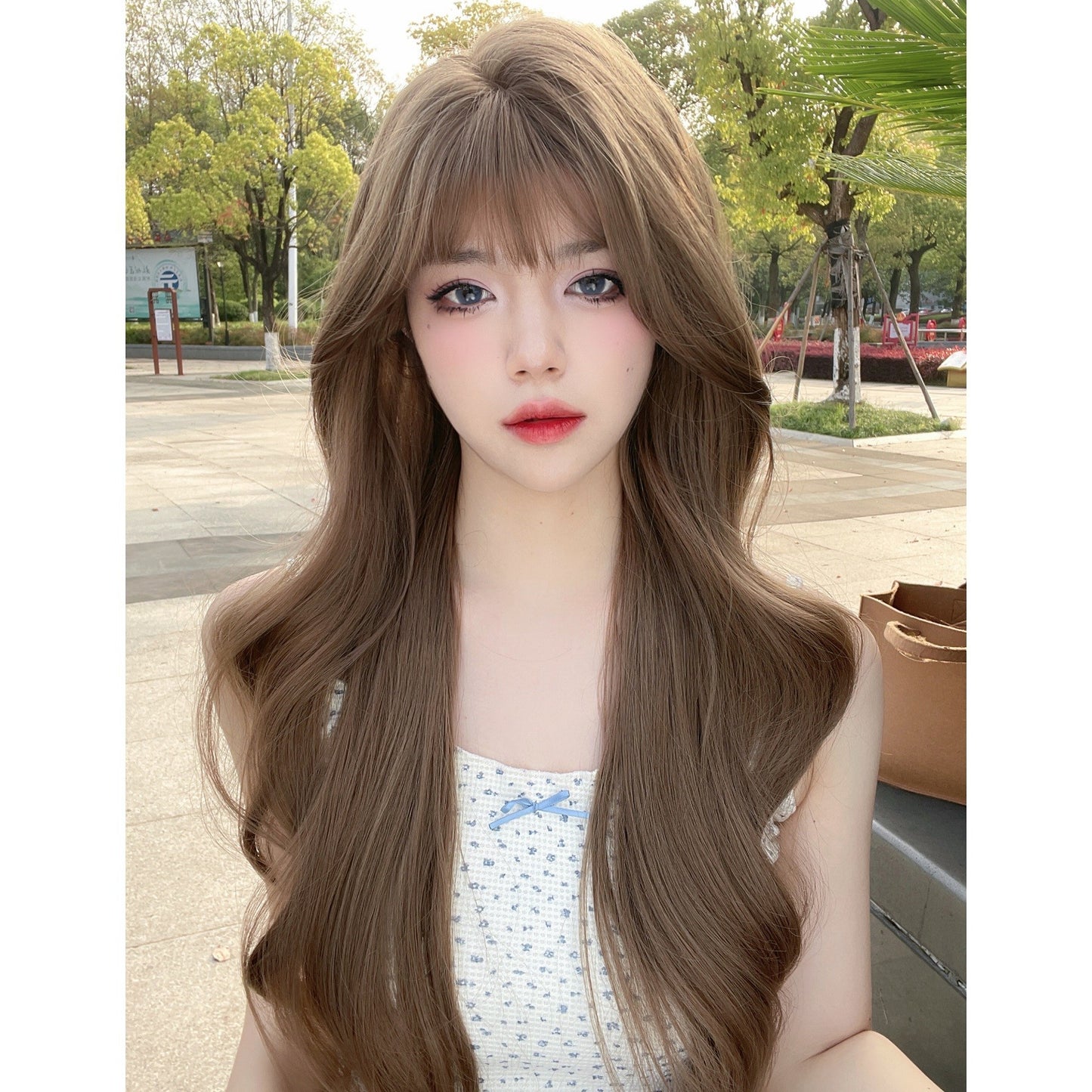 Women's Fashion Sweet Cute Light Flaxen Natural Realistic Wig Long Curls