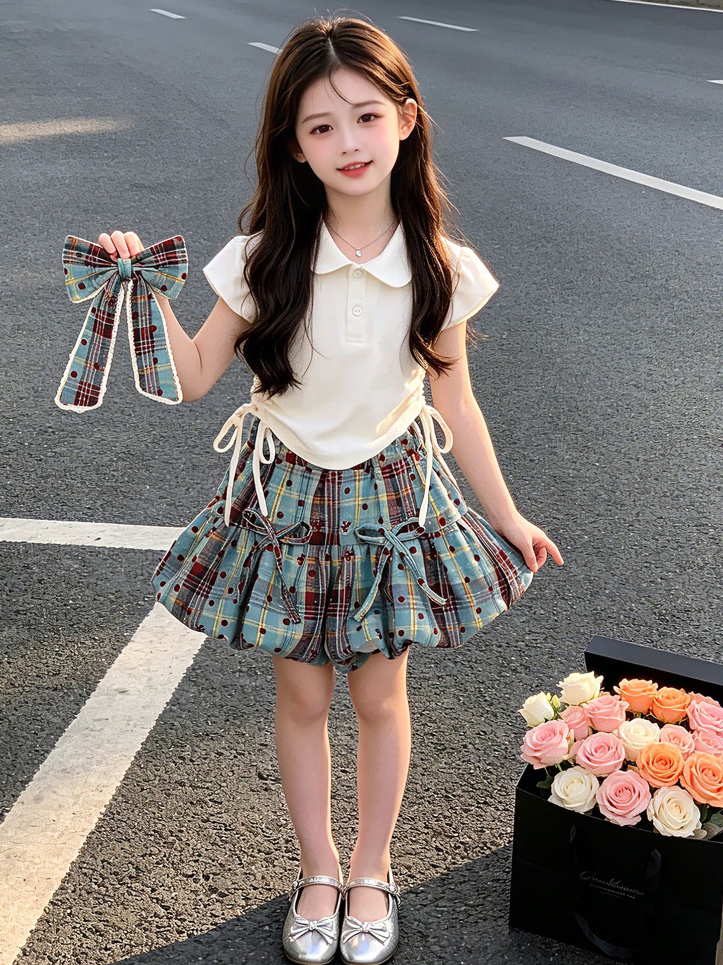 Children's Summer Bow Short-sleeved Skirt Clothing Thin Children's Suit