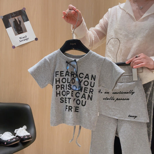 Short Sleeve Bell-bottom Pants Simple Letter Printed T-shirt Fart Curtain Children's Suit