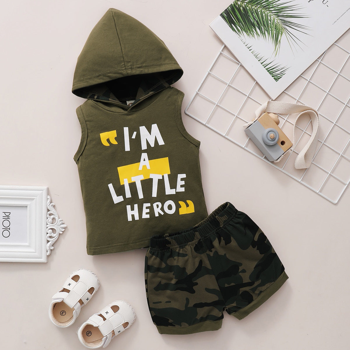 Summer Cartoon Letter Print Sleeveless Hooded Top Camouflage Shorts Children's Suit