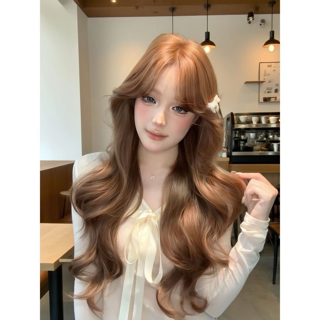 Curly Hair Caramel Warm Brown Gentle Elegant Big Wave Natural Wig Long Curls