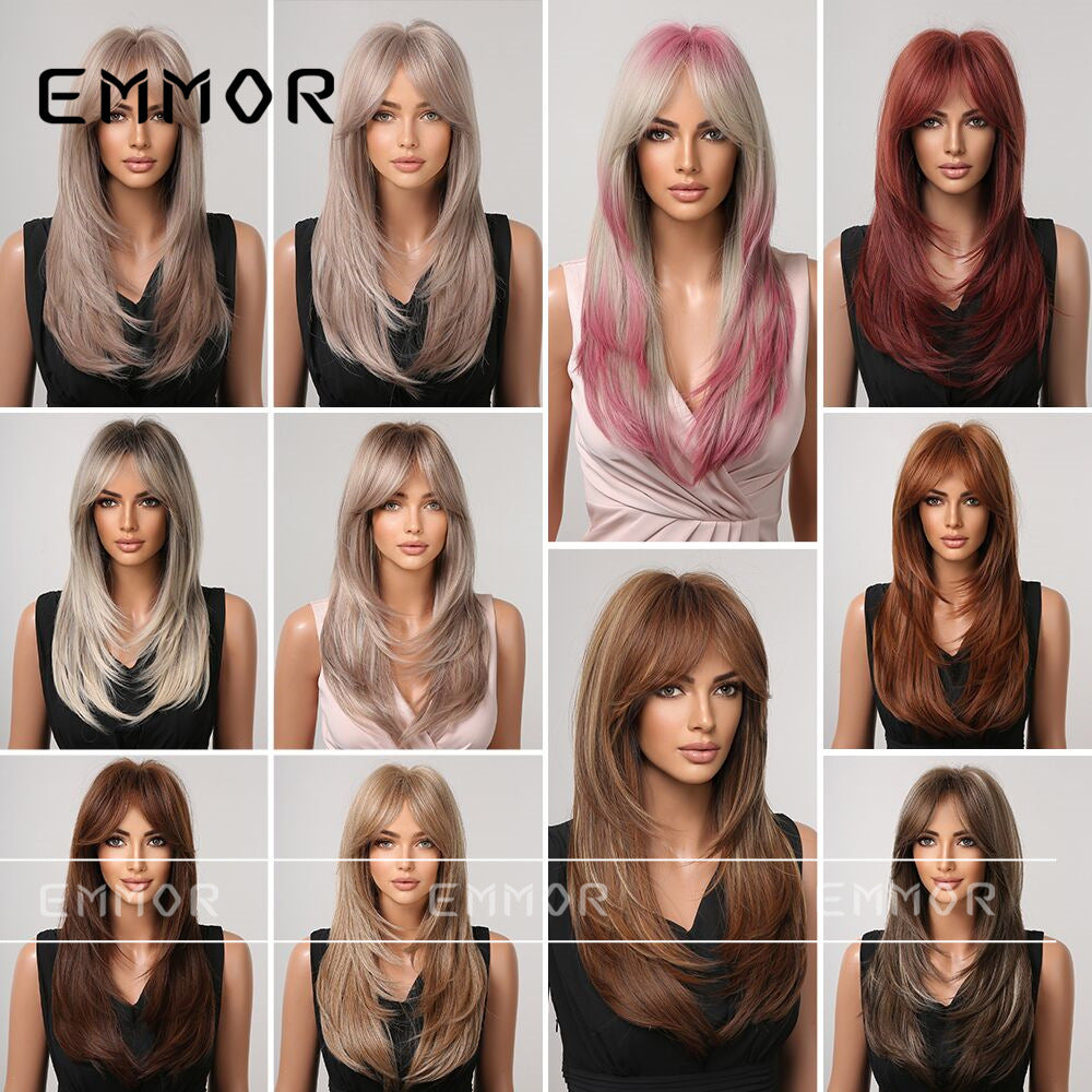 Gradient Chemical Fiber Bangs Mid-length Straight Wig Long Curls