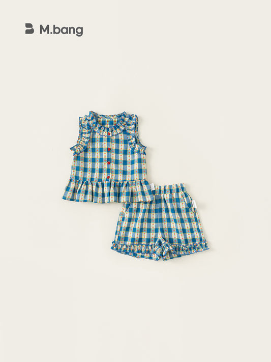Women's & Children's Clothing Plaid Two-piece Sleeveless Top Sweet Lace Shorts Children's Suit