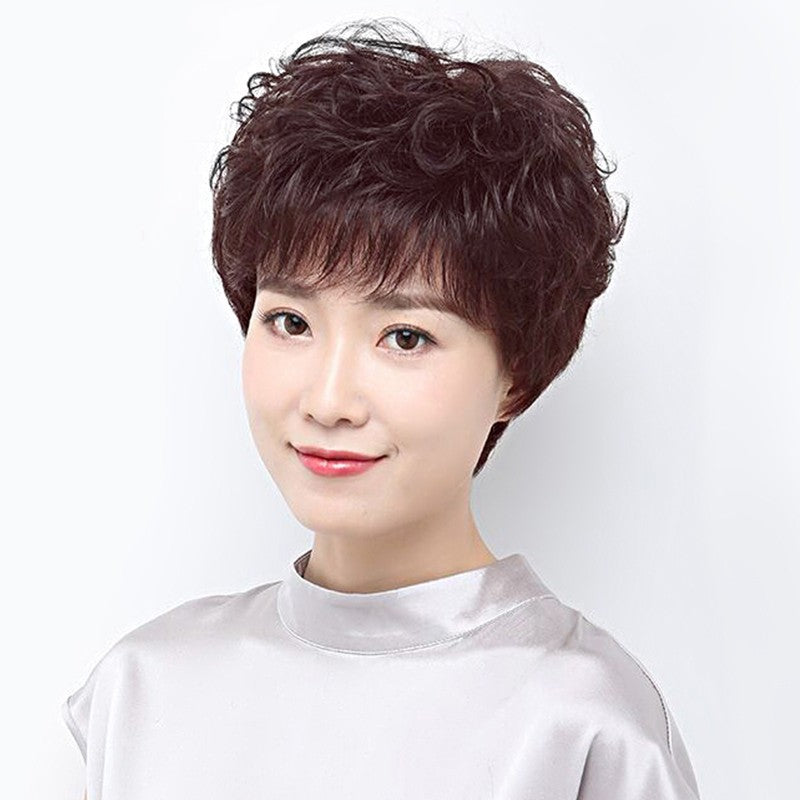 Women's Breathable Lightweight All Real Mom Headgear Wig Short Curly Hair
