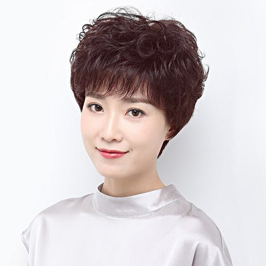 Women's Breathable Lightweight All Real Mom Headgear Wig Short Curly Hair