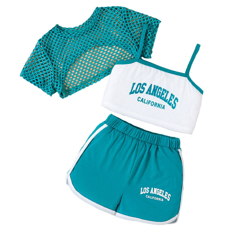 Mesh Hollow Out Camisole Vest Shorts Sports Children's Suit