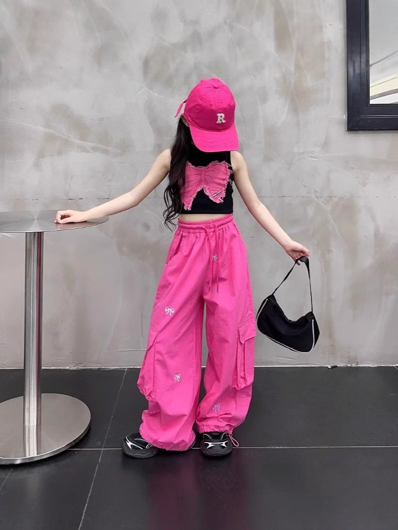 Retro Fun Bow Embroidered Casual Trousers Wide Leg High Children's Pants