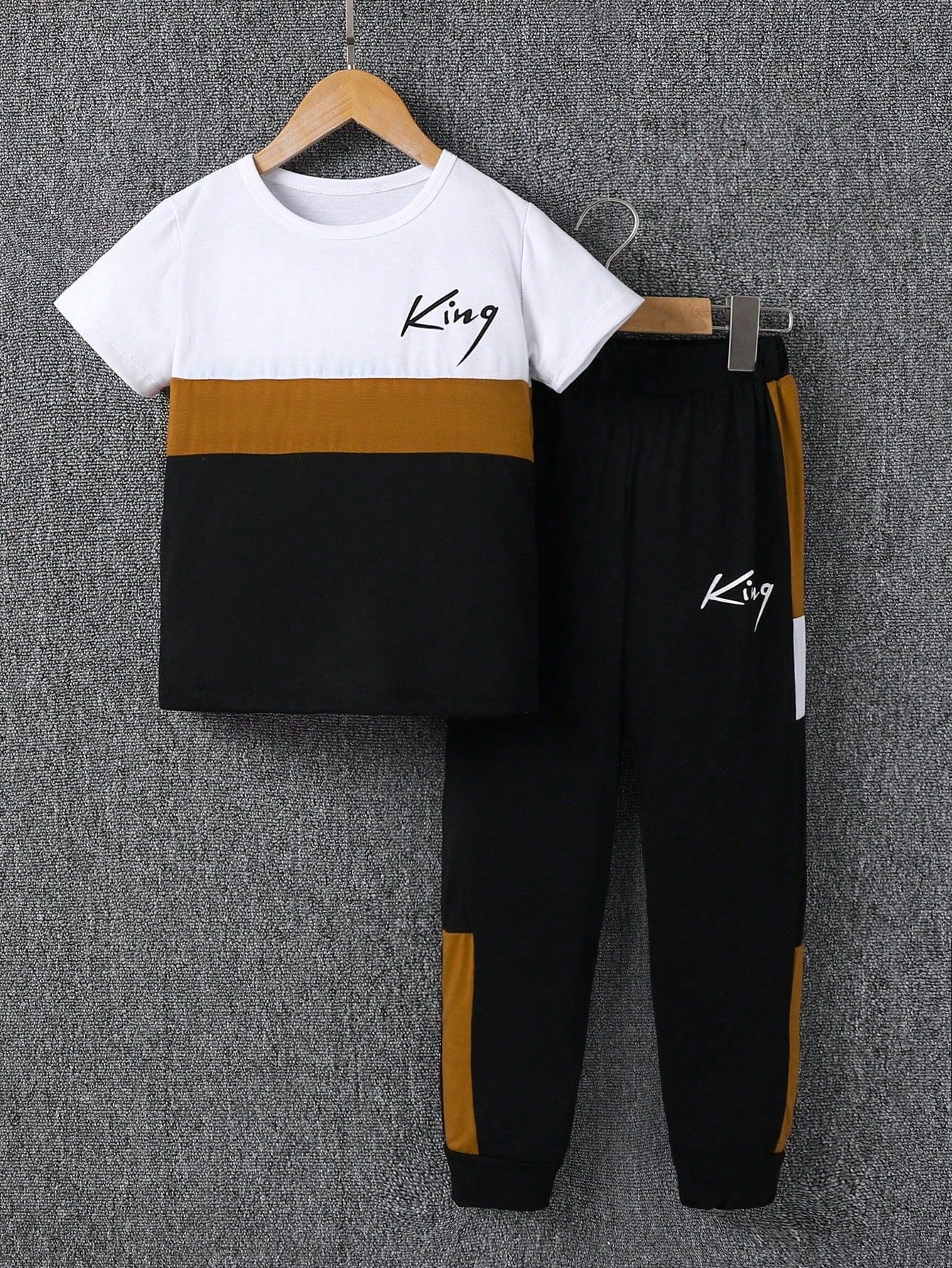 Men's Medium Big With Brown Letters Short Sleeve Lengthened Blouse Pants Children's Suit