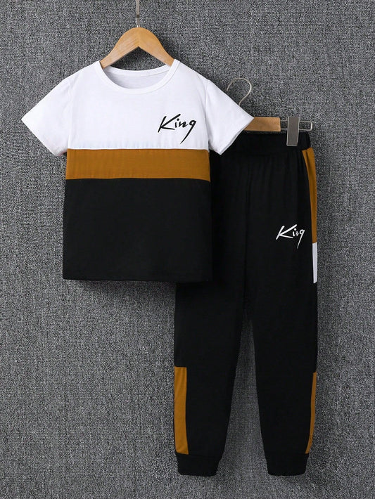 Men's Medium Big With Brown Letters Short Sleeve Lengthened Blouse Pants Children's Suit