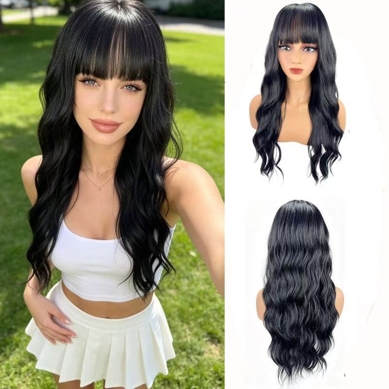 Women's Curly Hair Bangs Realistic Natural Fiber Wig Long Curls
