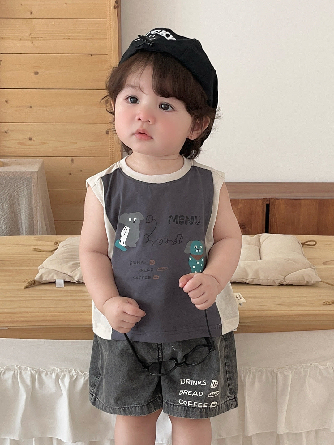 Children's Cartoon Stitching Vest Short Sleeve Ice Silk Denim Shorts Trendy Children's Suit