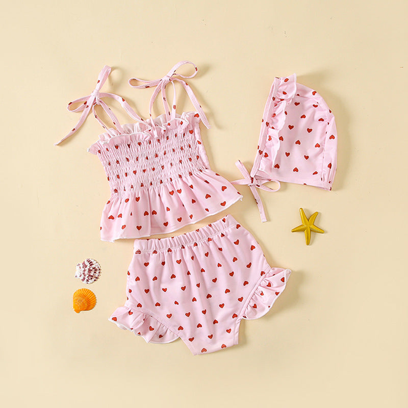 Korean Style Heart Printing Swimsuit Three-piece Born Bikini Strap Children's Suit