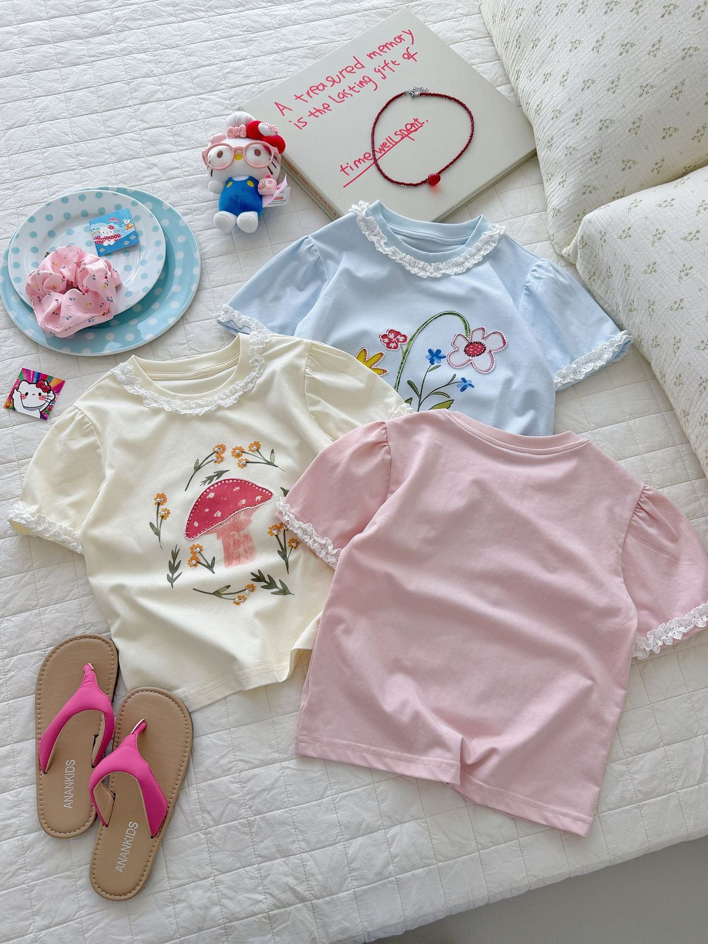 Summer Ice Cotton Knitted Lace Collar Cartoon Printed Puff Children's T-shirt