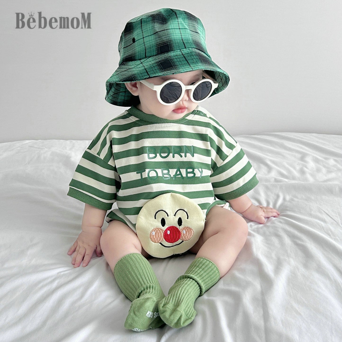 Women's & Men's Triangle Rompers Cotton Green Striped Smiley Jumpsuit, Climbing Suit