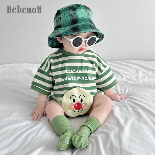 Women's & Men's Triangle Rompers Cotton Green Striped Smiley Jumpsuit, Climbing Suit