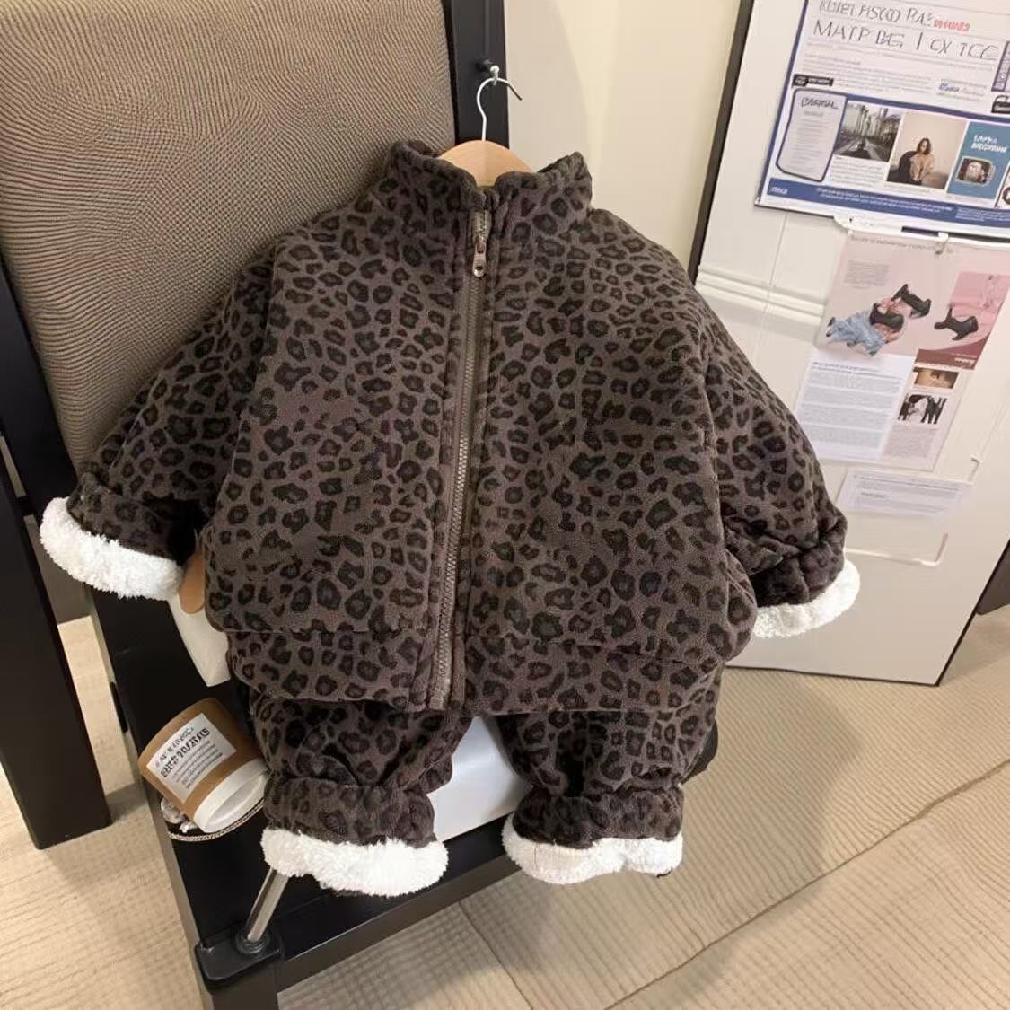 Children's Fleece-lined Warm Winter Keep Stand Collar Zipper Jacket Two-piece Children's Suit