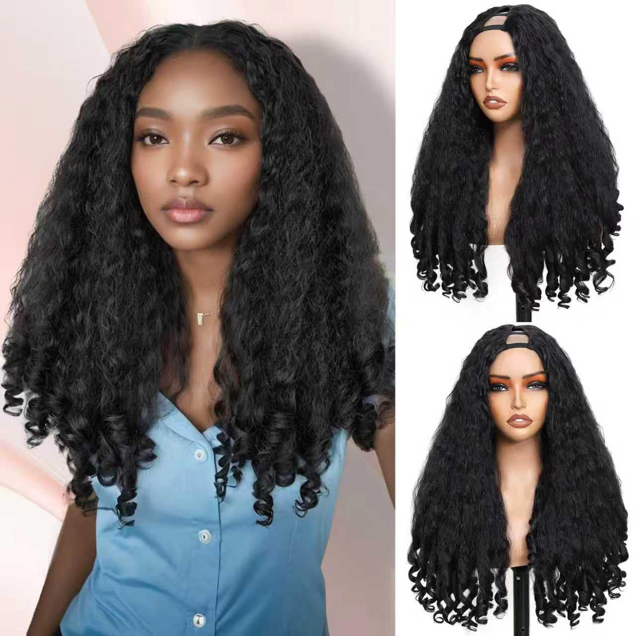 Women's African Small Curly Black Fluffy Medium Wig Long Curls