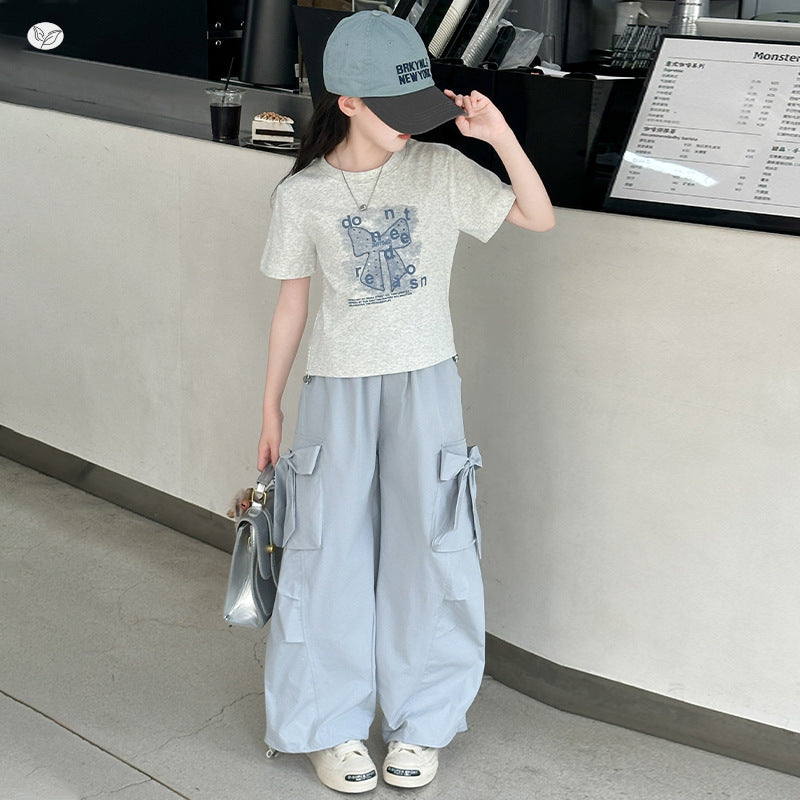Overalls Medium Big Drawstring Bow Short Sleeve Wide Leg Pants Children's Suit