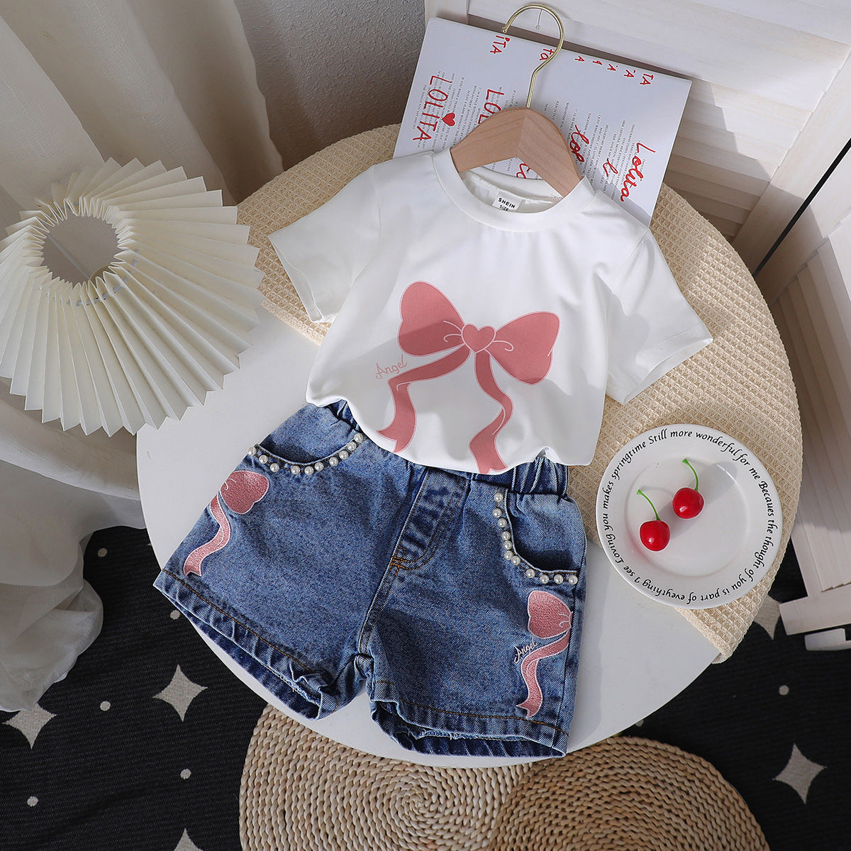 Neck Printed Knitted Top Denim Beaded Embroidered Jeans Children's Suit