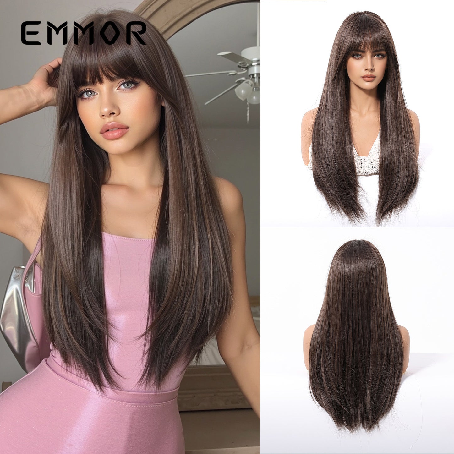 Bangs Champagne Brown Hair Dignified Goddess Chemical Long Straight Wig