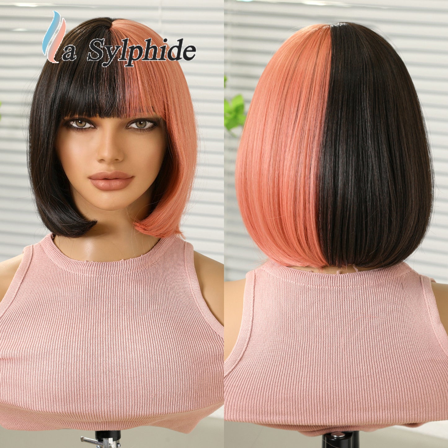 Women's Head Cut Pink Bangs Universal Halloween Wig Short Straight Hair