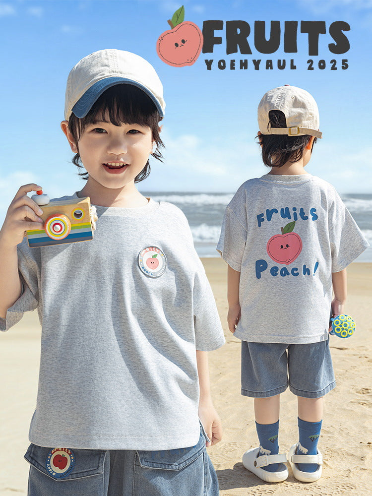 Wu Boy's Summer Fruit Short-sleeved Round Neck Loose Casual Children's T-shirt