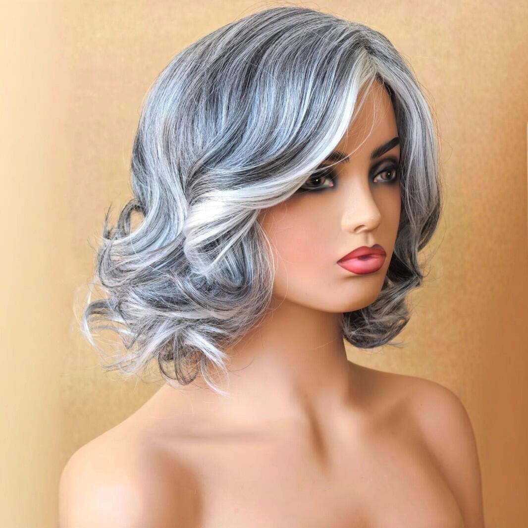 Women's Curly Gray White Short Hair Fluffy Partial Length Bangs Synthetic Wig Long Curls