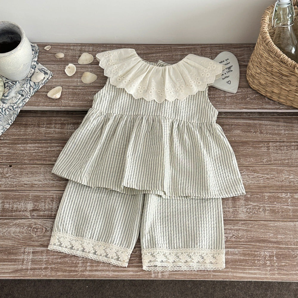 Lace Collar Vertical Striped Top Trousers Female Western Style Sleeveless Children's Suit