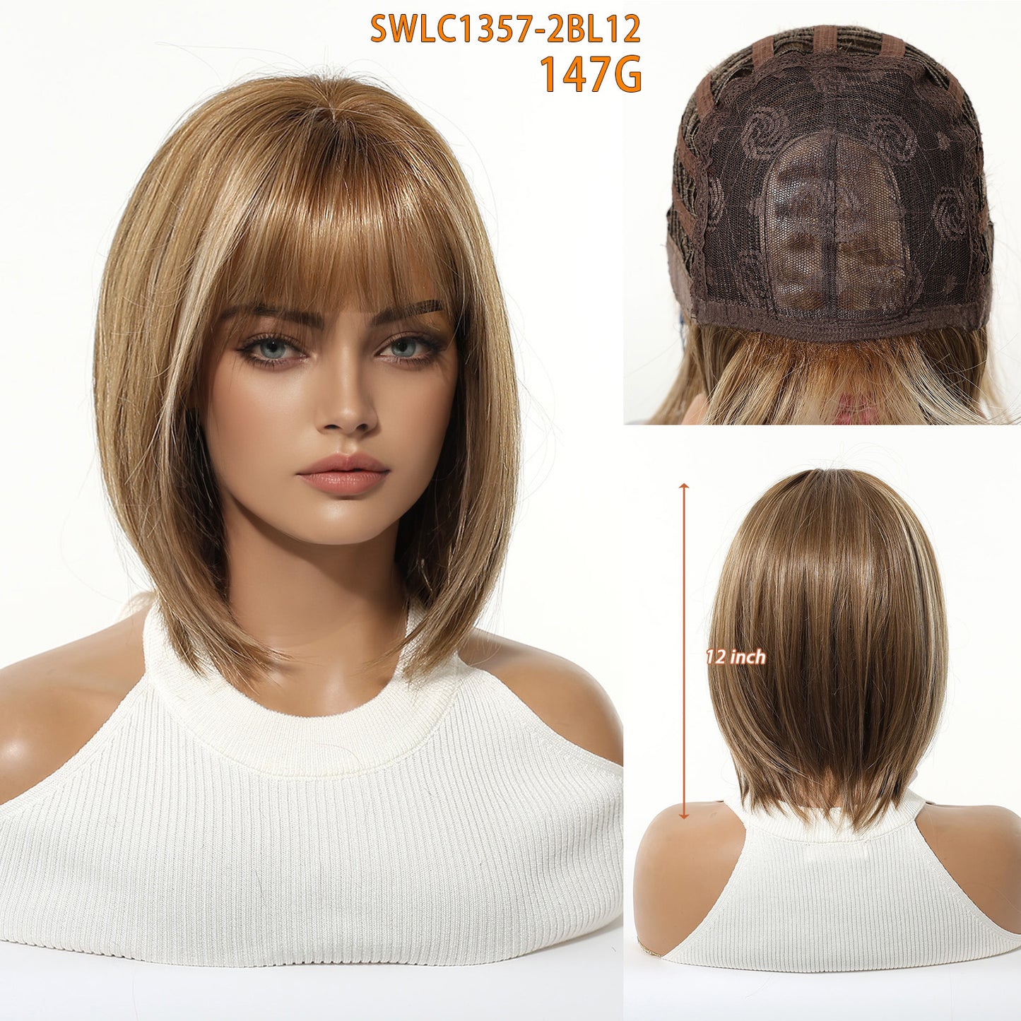 Women's Gradient Brown Highlights Artificial Human Fiber Wig Short Straight Hair