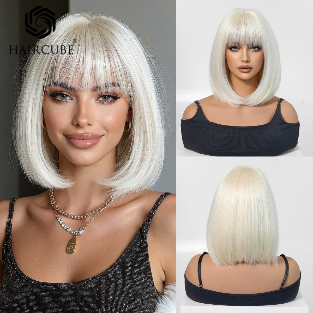 Head Cover Bangs White Styling Full Wig Short Straight Hair
