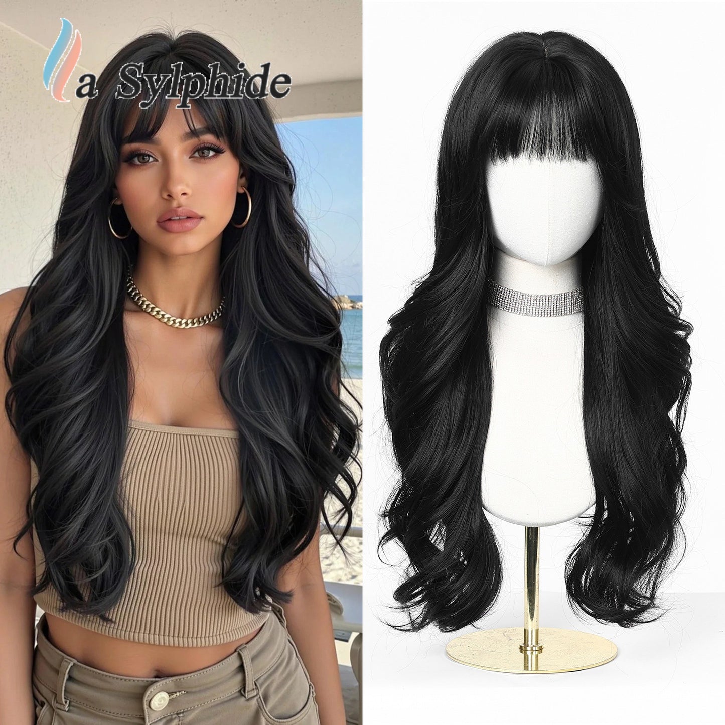 Straight Bangs Orange Wavy Curly Hair Mechanism Wig Long Curls