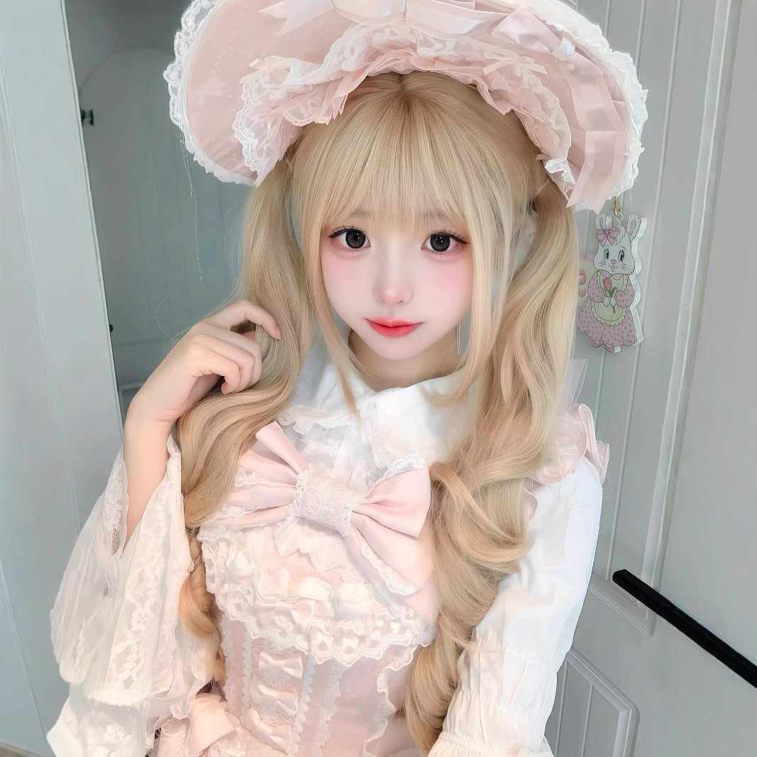 Natural Double Ponytail Straight Bangs Roman Wig Long Curls
