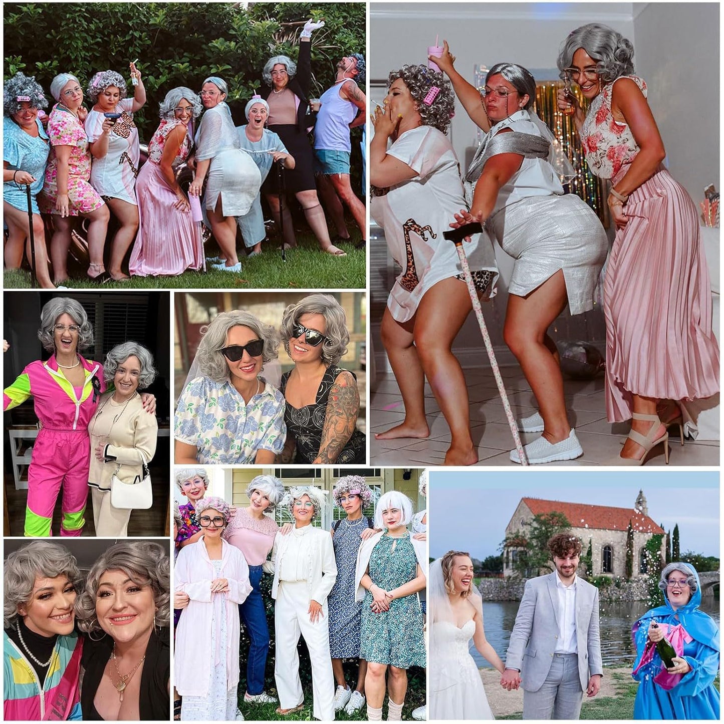 Women's Headgear Halloween Party Granny Grey Split Wig Short Curly Hair