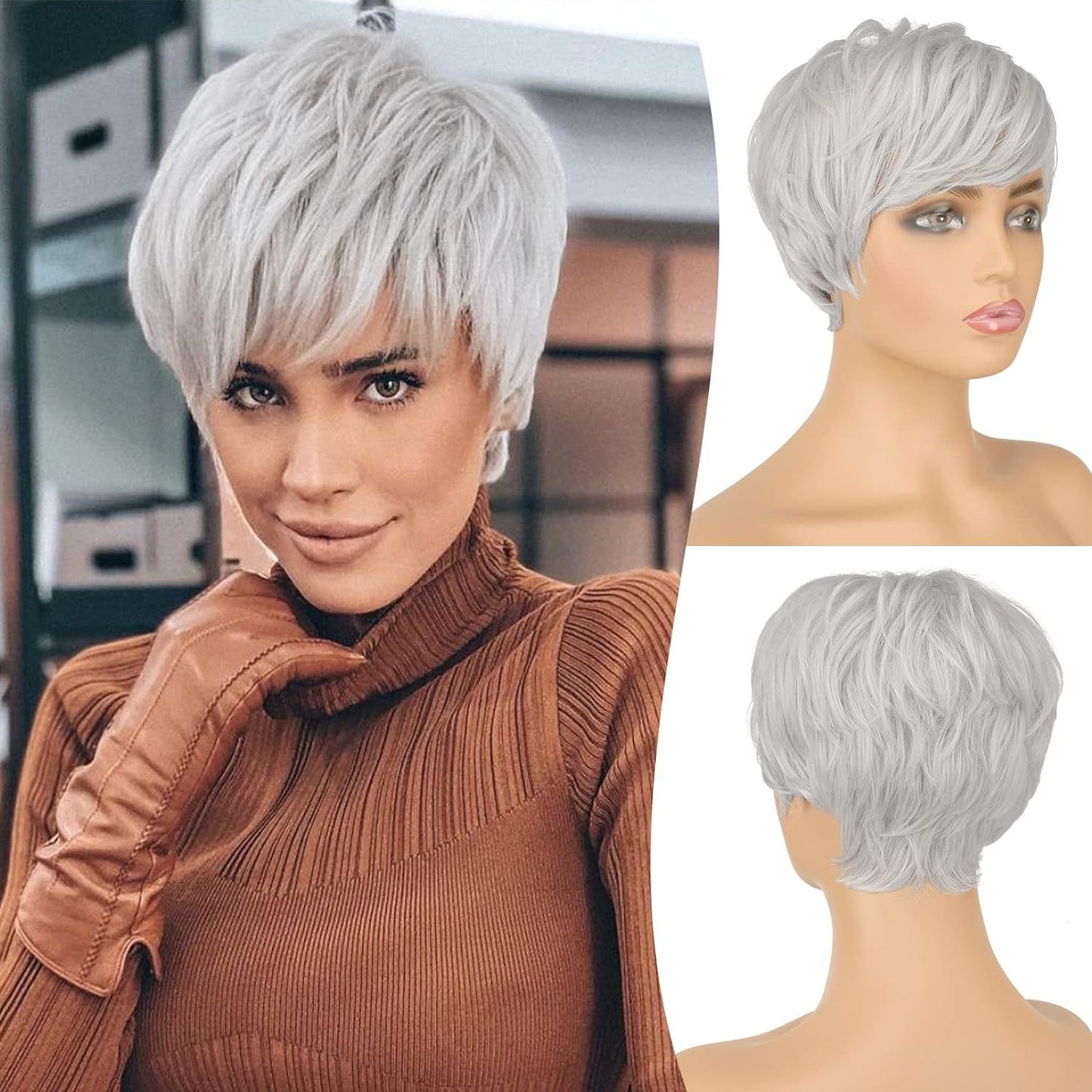 Women's Fashion Synthetic Wigs Gray White Split Wig Short Straight Hair