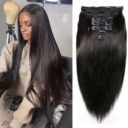 Hairpiece Clip Straight Piece Set Human Real Hair Wig