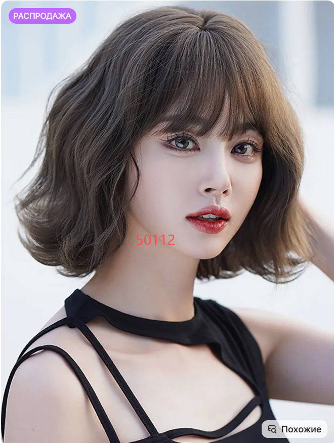 Women's Fashion Gray White Mixed Color Short Curly Hair Side Bangs Long Straight Wig