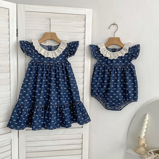 Bow Print Crawling Suit Jumpsuit Sisters Children's Dress