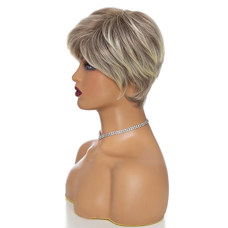 Women's Fluffy Gradient Gray White Side Bangs Rose Net Wig Short Straight Hair