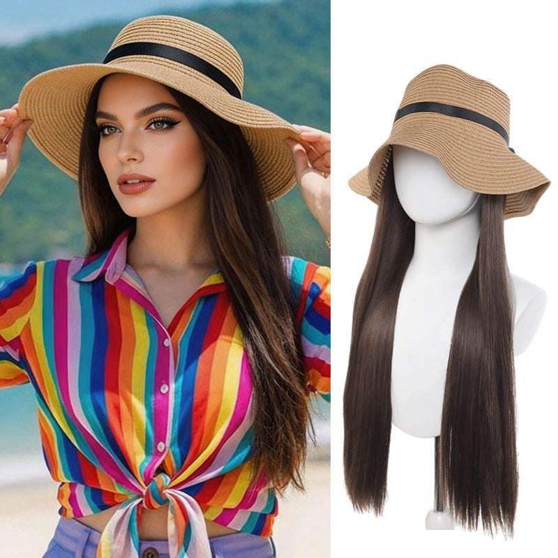 Beach Hat Hair One-piece Summer Sun Protection Long Straight Wig