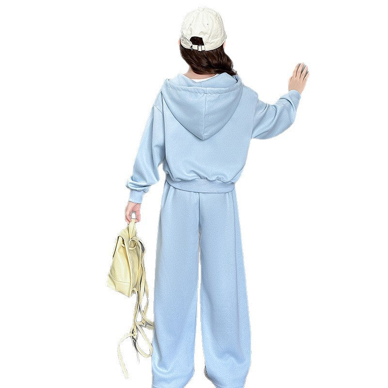 Large Hooded Zip Cardigan Sweater Straight Wide Leg Pants Children's Suit