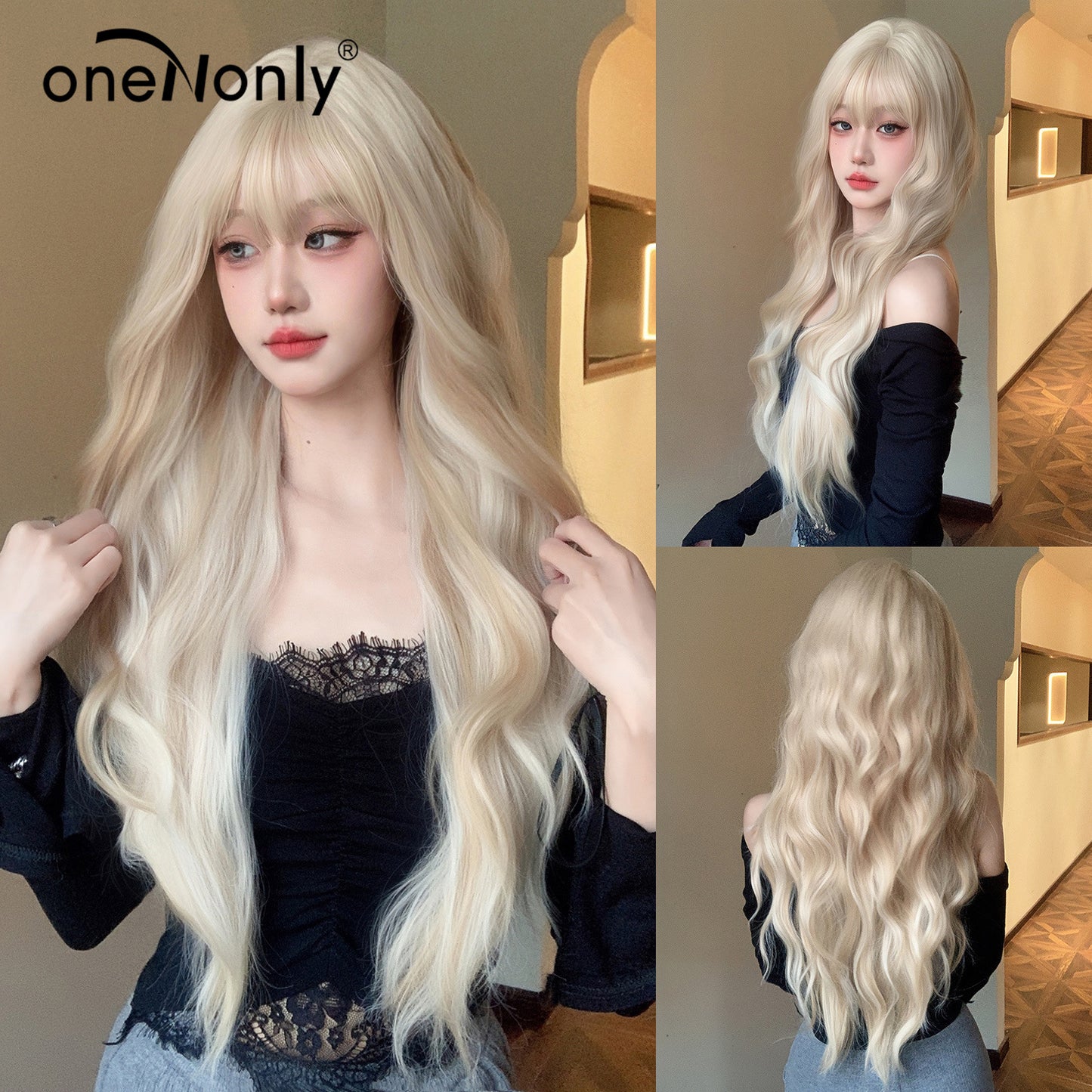 Women's Korean Curly Hair Bangs Big Wave Simulation Natural White Wig Long Curls