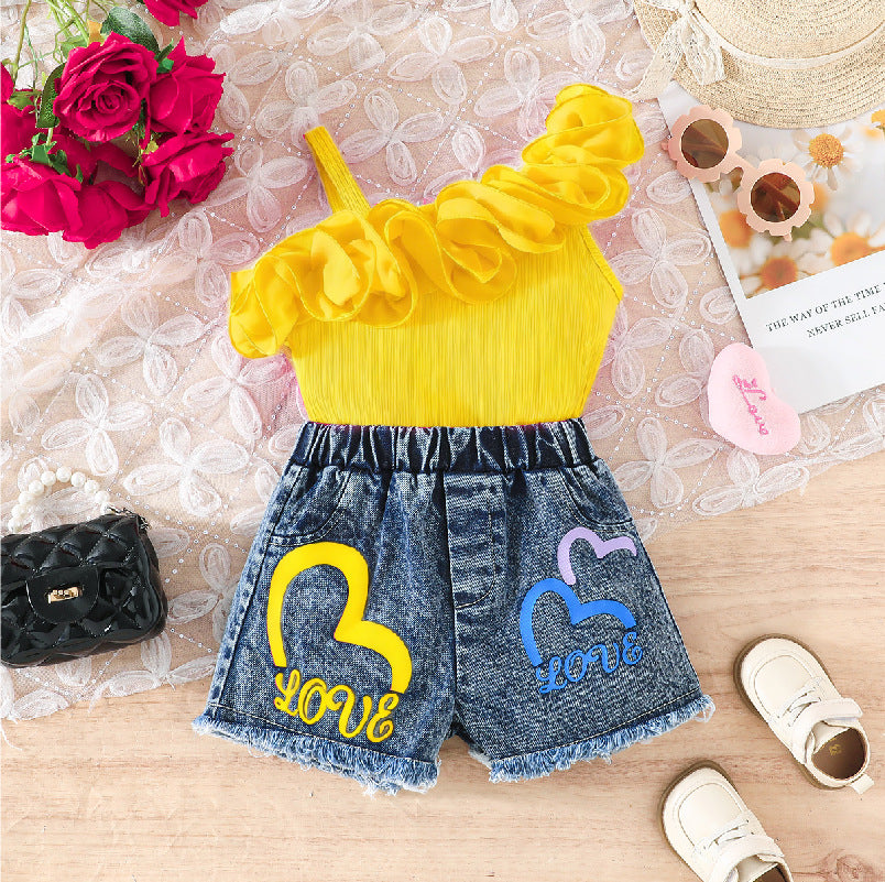 Ruffled Suspender Heart Printing Denim Shorts Children's Suit