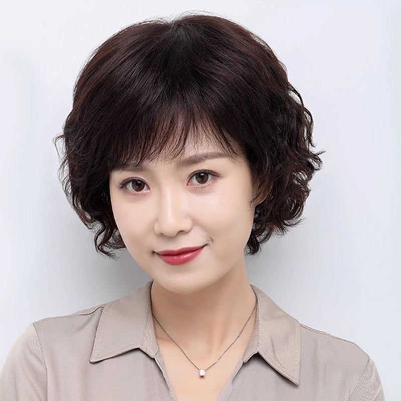 Short Full Top Curly Fashion Mom Sheath Real Hair Wig