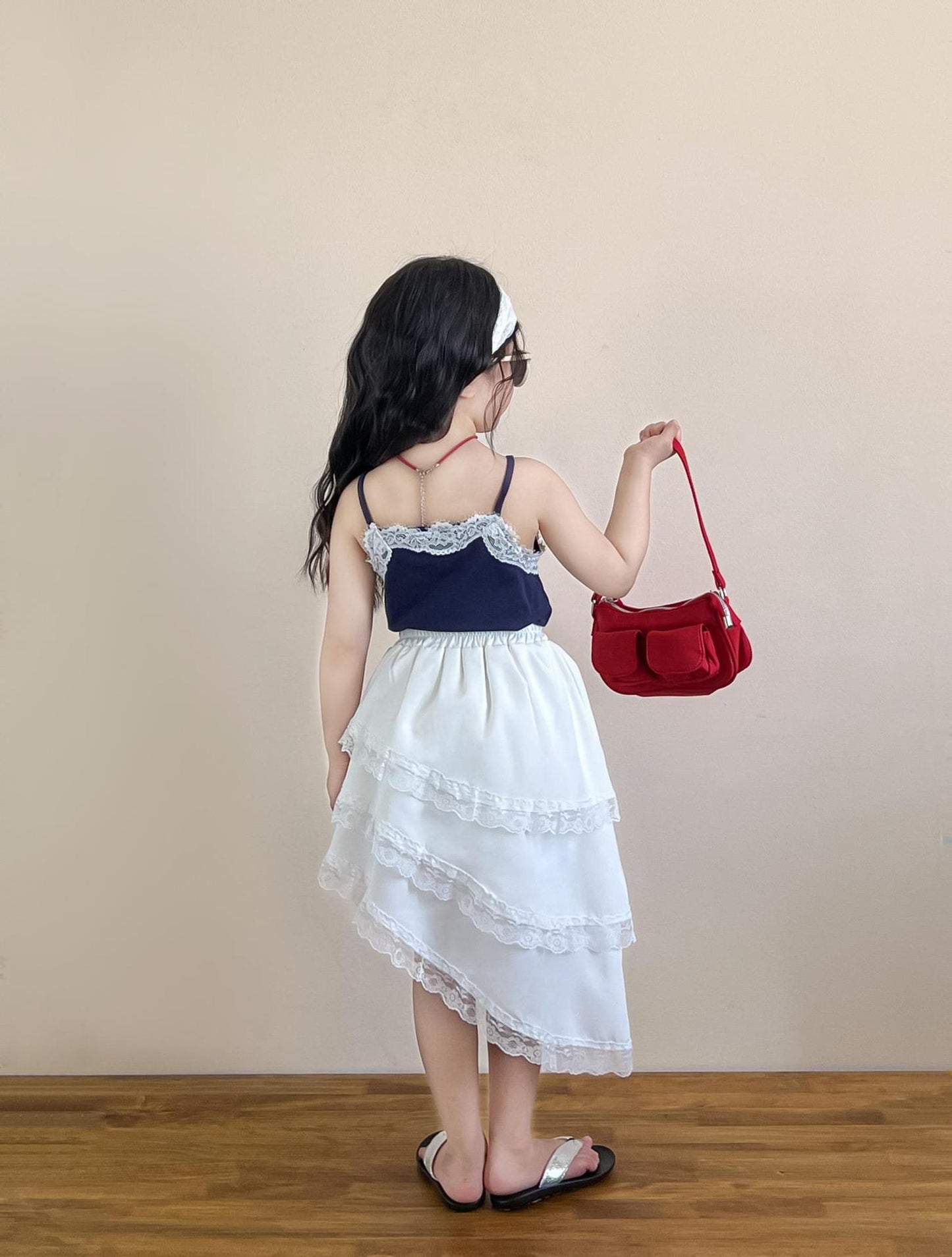 Sweet Spicy Style Lace Printed Strap Irregular Edge Stitching Safety Children's Suit